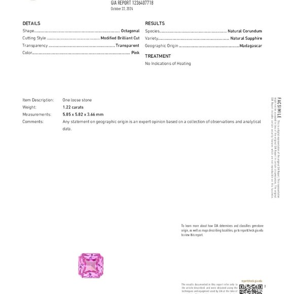 Emerald Natural Mined Loose Sapphire (1.22 Ct Pink Vs2) Gia C53000070 - Picture 5 of 6